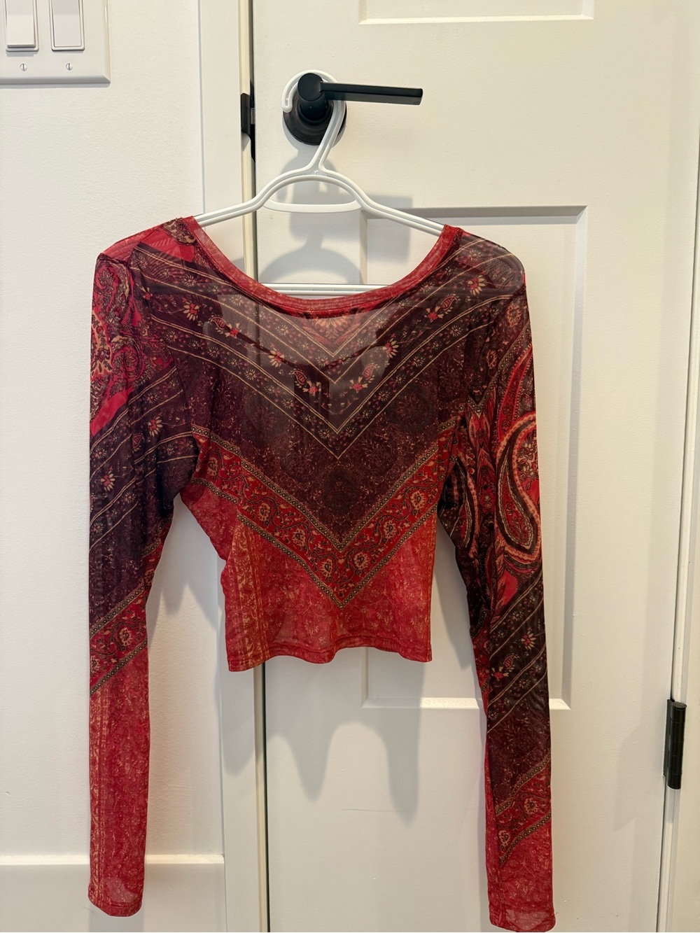 Free People Red Paisley Sheer Long-Sleeve Crop Top